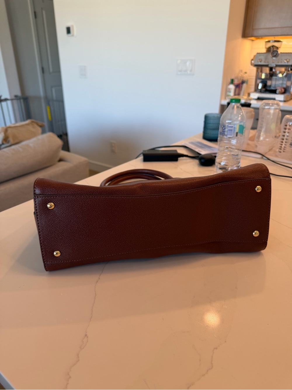 Nine West Deep Brown Structured Satchel with Gold Accents - Picture 5 of 9